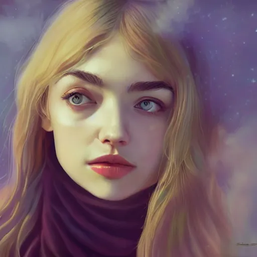 Prompt: a beautiful scenic painting of a beautiful young woman that looks like imogen poots by artgerm and wlop and wes anderson and spike jonze