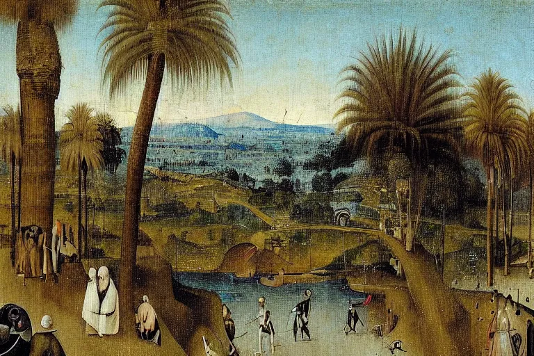 Image similar to southern california landscape palm trees freeway painted by hieronymus bosch