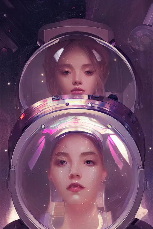 Image similar to portrait armored astronaut girl, floating inside spaceship command room viewing galaxy, ssci-fi mirror neon reflect light and fantasy, intricate and very very beautiful and elegant, highly detailed, digital painting, artstation, concept art, smooth and sharp focus, illustration, art by tian zi and WLOP and alphonse mucha