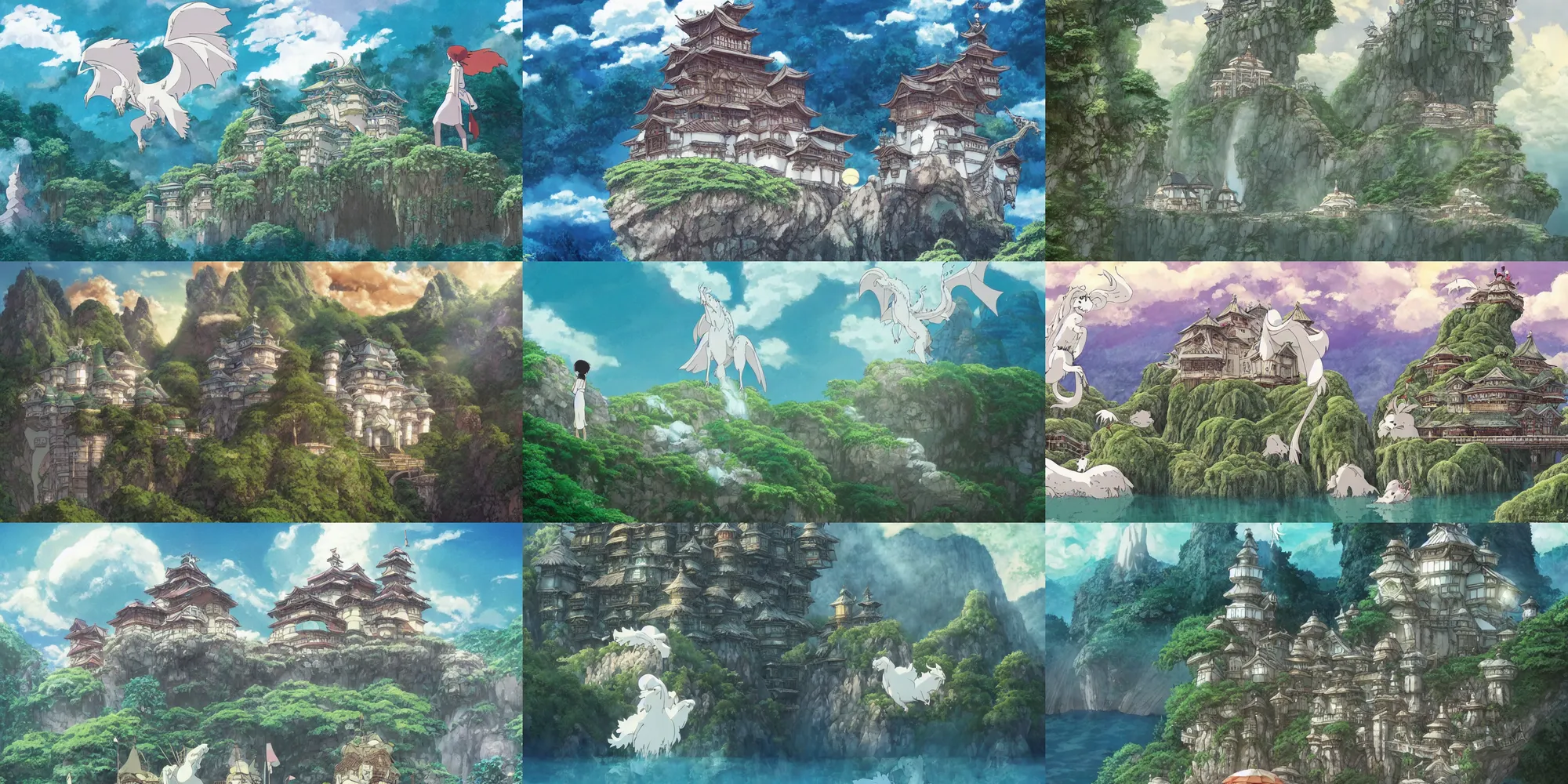 Prompt: a magical palace on a mountain, a white dragon spirit flying in the sky, miyazaki's animated film, ghibli studio, spirited away, princess mononoke, 4 k, highly detailed,