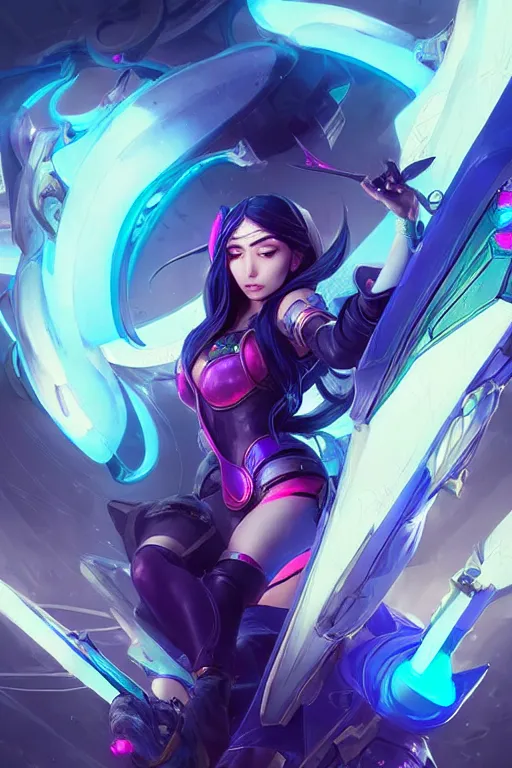 Image similar to irelia from league of legends, cyberpunk futuristic neon. flying blades in air, decorated with traditional japanese ornaments by ismail inceoglu dragan bibin hans thoma greg rutkowski alexandros pyromallis nekro rene maritte illustrated, perfect face, fine details, realistic shaded, fine - face, pretty face, masterpiece