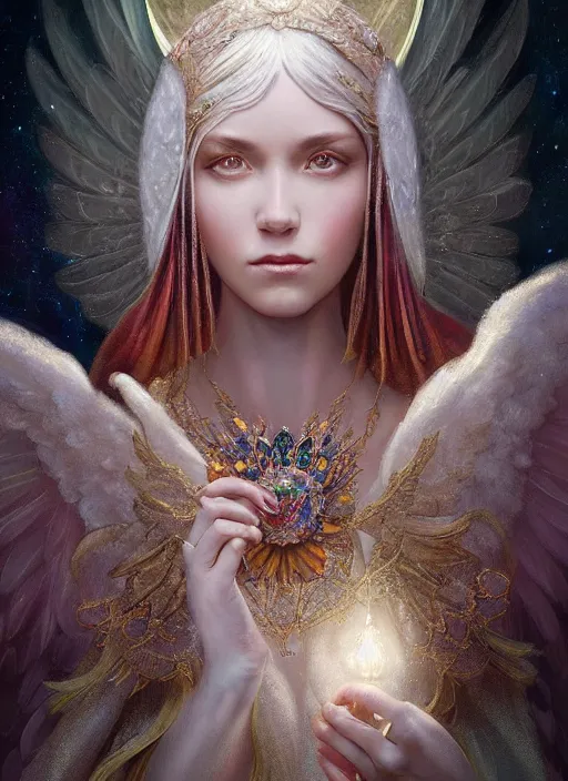 Image similar to A beautiful digital painting of a female Seraphim full of jewels, princess, the moon behind her, intricate, cinematic lighting, highly detailed, digital painting, Artstation, concept art, smooth, sharp focus, illustration, art by Tom Bagshaw, Artgerm and Greg Rutkowski