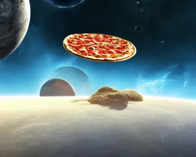 Image similar to a single slice of pizza spaceship in orbit over a single planet space wallpaper starwars digital art 4 k atmospheric cinematic shot octane render