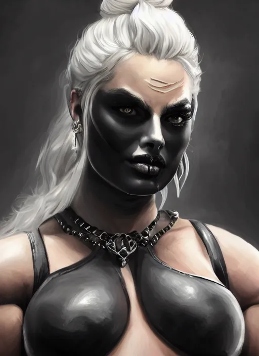 Image similar to detailed portrait of margot robbie as a thick female bodybuilder goth zarya from overwatch, attractive, beautiful, fantasy, intricate, elegant, highly detailed, digital painting, artstation, concept art, matte, sharp focus, illustration, art by aenaluck, artgerm and roberto ferri and greg rutkowski, epic fantasy, digital painting