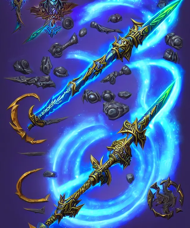 Image similar to bright weapon of warcraft blizzard wizard staff art, a spiral magical wizard staff. bright art masterpiece artstation. 8k, sharp high quality illustration in style of Jose Daniel Cabrera Pena and Leonid Kozienko, blue colored theme, concept art by Tooth Wu,