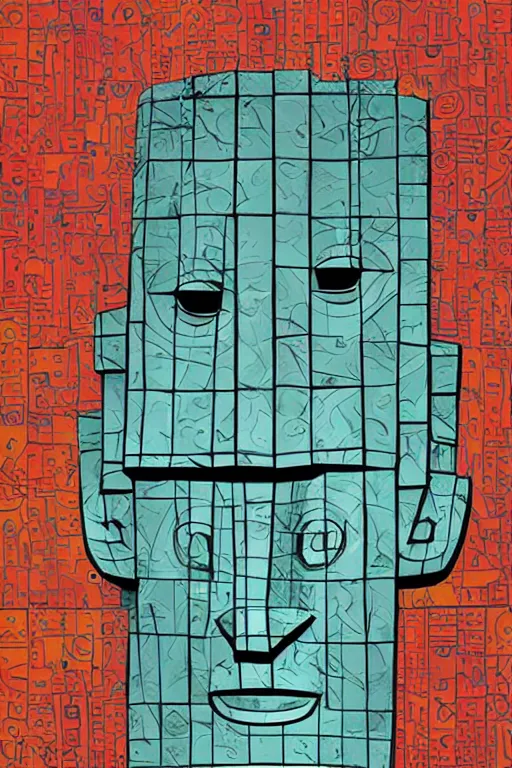 Image similar to cubist moai statue cutout digital illustration cartoon colorful beeple