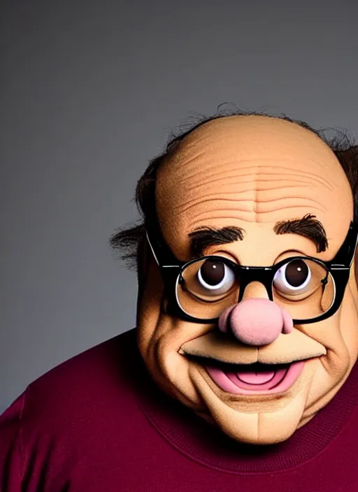 Prompt: studio portrait still of muppet!!!!! danny devito wearing his glasses!!!!!! as a muppet muppet as a muppet, 8 k, studio lighting, key light,