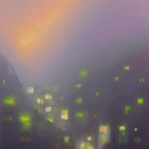 Prompt: dense city canyon fog emerald light oil painting