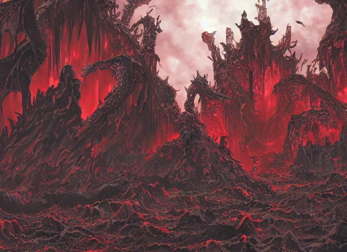 Image similar to a landscape of the hell by takeshi obata and mike mignola, hell, dragons, red and black colors, colors, abandoned buildings, trees with faces, night sky, highly detailed, cgsociety, artstation, very detailed