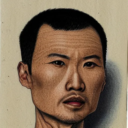Prompt: shan, a thin, handsome, 4 6 - year - old chinese man, crew cut, black stubble, portrait, color pencil sketch