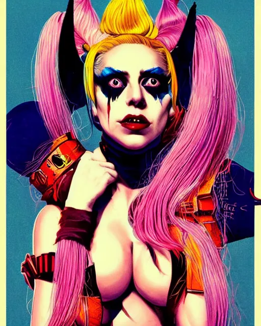 Image similar to lady gaga as harley quinn, grotesque, horror, high details, bright colors, striking, intricate details, by vincent di fate, artgerm julie bell beeple, 1 9 8 0 s, inking, vintage 8 0 s print, screen print