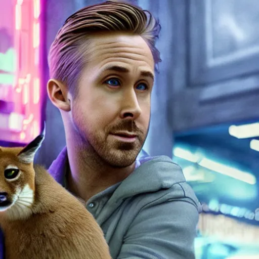 Image similar to Ryan Gosling holding cute caracal in a cafe in a cyberpunk city, close up shot, sharp focus, shallow depth of field, highly detailed face, 8k, unreal engine 5, cinematic lighting, vivid elegant fantasy concept art, character art, stern blue neon atmosphere, artstation, deep complimentary colors, volumetric lighting, photorealistic, hyperdetailed 3D matte painting, hyperrealism, hyperrealistic masterpiece