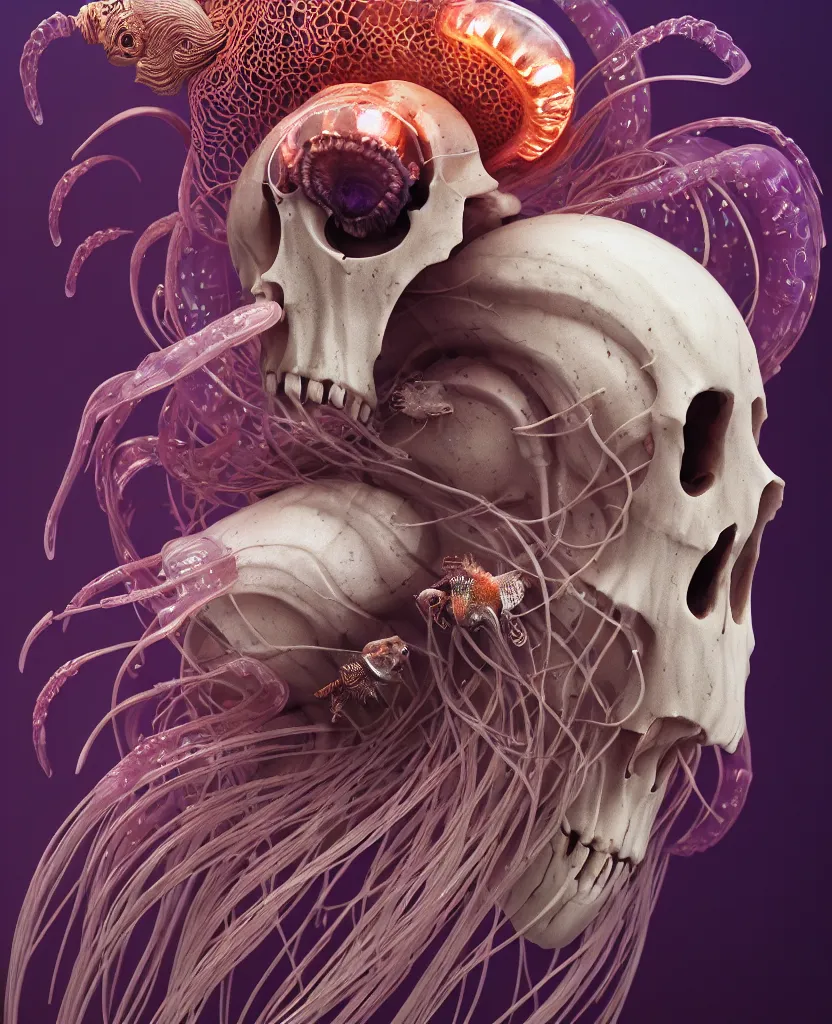 Image similar to goddess close-up portrait ram skull. jellyfish phoenix head, nautilus, orchid, skull, betta fish, bioluminiscent creatures, intricate artwork by Tooth Wu and wlop and beeple. octane render, trending on artstation, greg rutkowski very coherent symmetrical artwork. cinematic, hyper realism, high detail, octane render, 8k