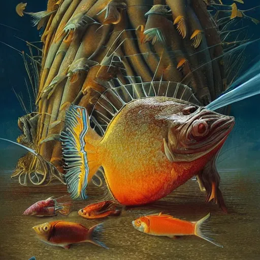 Prompt: surprised fish sitting on the top of a pile of fish, all the fish are inside a cooking pot on fire, side view, by vladimir kush, dystopian art, rococo