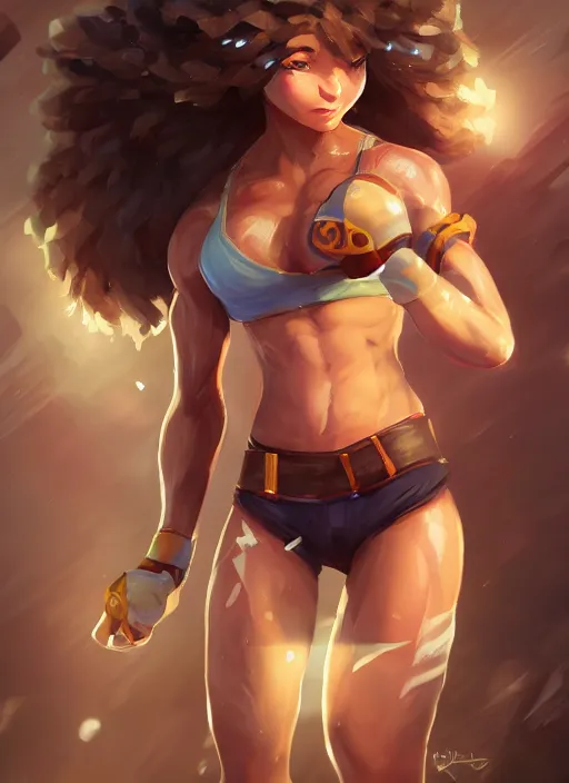 Image similar to fitness taliyah, from league of legends, al natural, exhibant, boxing, in shape, hyper detailed, digital art, trending in artstation, cinematic lighting, studio quality, smooth render, unreal engine 5 rendered, octane rendered, art style by klimt and nixeu and ian sprigger and wlop and krenz cushart