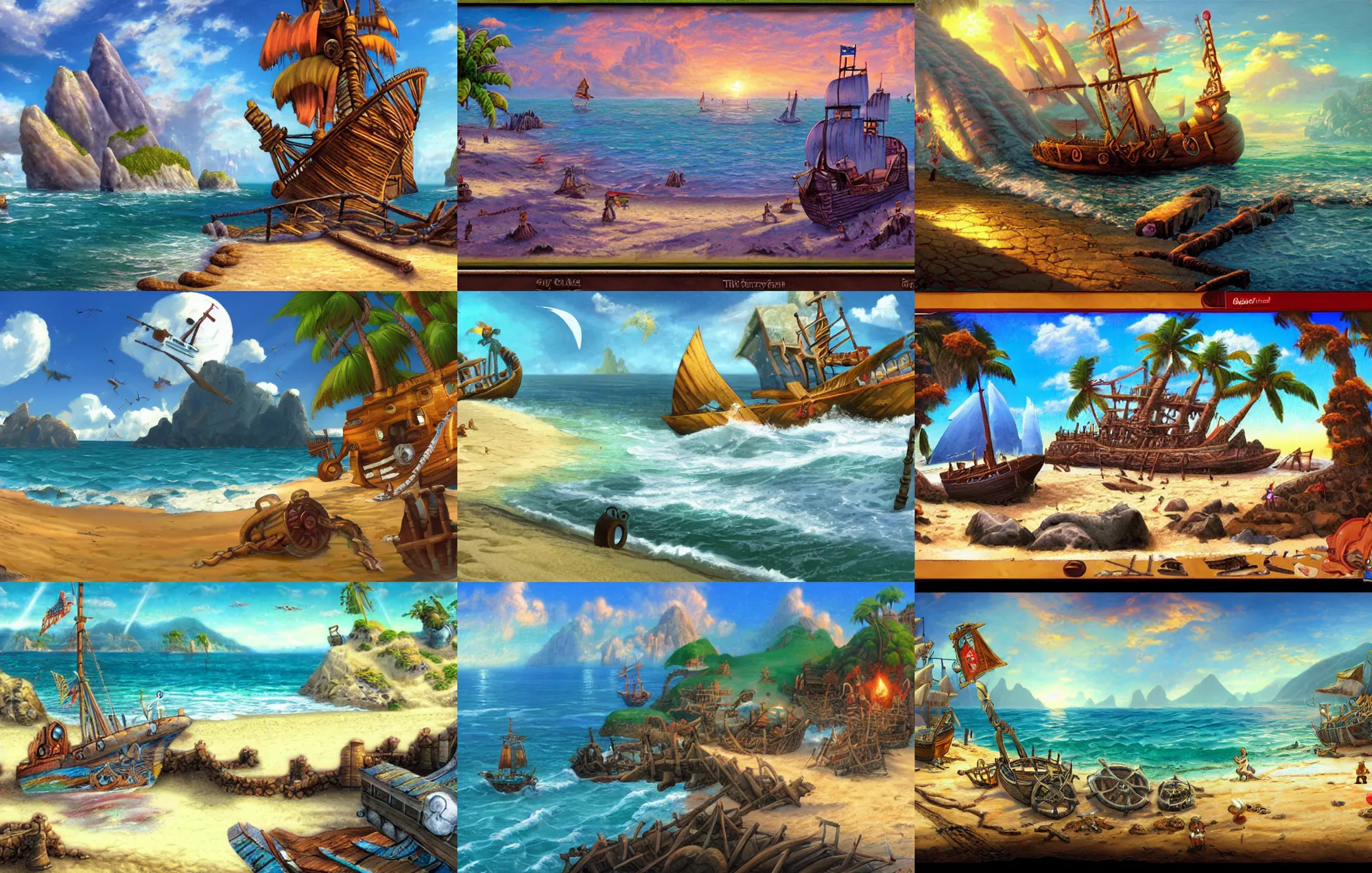 Prompt: a beach with the wreckage of a pirate ship, at midday, from a fantasy point and click 2 d graphic adventure game, art inspired by thomas kinkade, king's quest, sierra entertainment games, colorful landscape painting