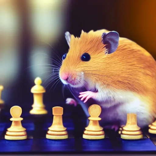 Prompt: a happy hamster playing chess