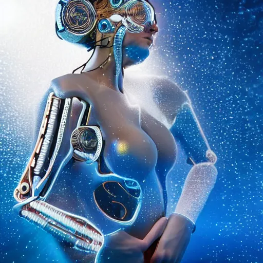 Image similar to beautiful centered Fine art photo portrait of Sommer Ray as a solarpunk robotic humanoid treading on water, white mechanical parts with led lights, photorealistic, white background, highly detailed and intricate, sun lighting, HDR 8k