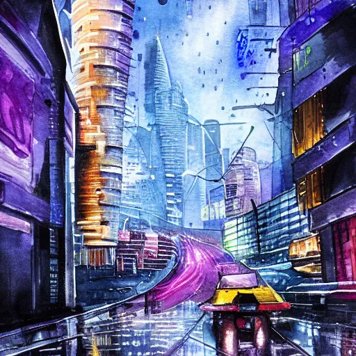 Prompt: futuristic Sci-fi cyberpunk city at night in the rain. Watercolour