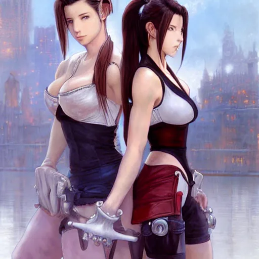 Image similar to a painted portrait of tifa lockhart and aerith gainsborough from final fantasy 7, standard clothing from the conceptual art, the midgard steam punk city as backdrop, by greg rutkowski, artgerm, wlop, ruan jia, krenz cushart, alphonse mucha, rain, fog, unreal engine 5