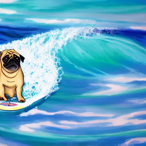 Image similar to pug riding a huge wave on a surf board, mid - summer