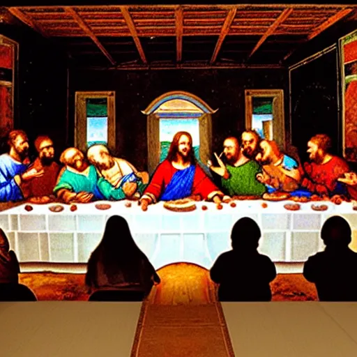 Prompt: in a space technology museum, a futuristic hologram art of The Last Supper by Leonardo Da Vinci