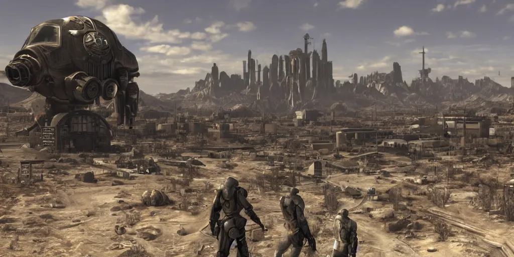 Prompt: brotherhood of steel from fallout : new vegas game, matte painting,