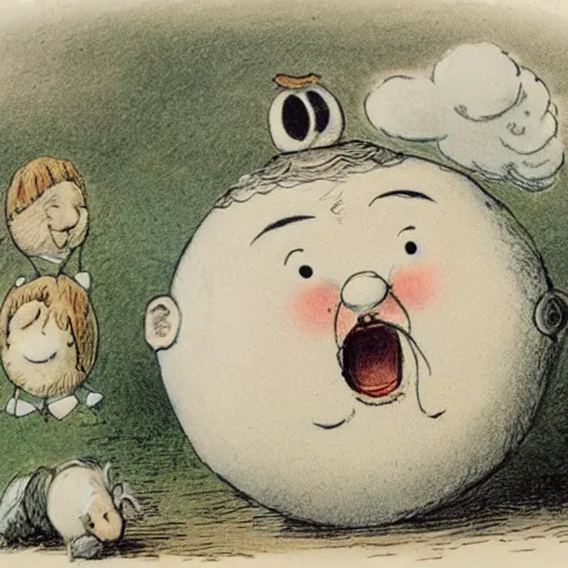 Prompt: candid portrait of white ball with face smiling eyes closed, surrounded by clouds, illustrated by peggy fortnum and beatrix potter and sir john tenniel