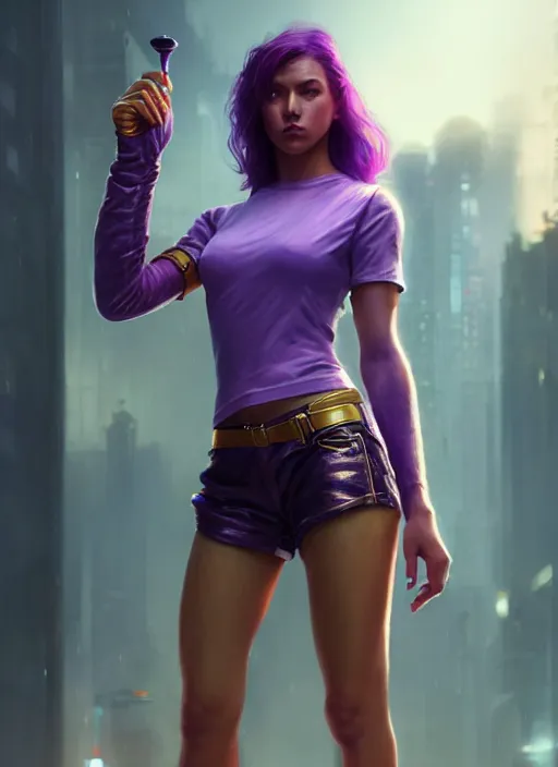 Image similar to young woman wearing shorts and shirt : : purple - gold streets cyberpunk : : weta disney pixar movie still photo : : decadent highly - detailed digital painting, heroic pose, full length shot, golden ratio, octane render, artstation, smooth, sharp focus, artgerm, mucha, loish, wlop, gogo