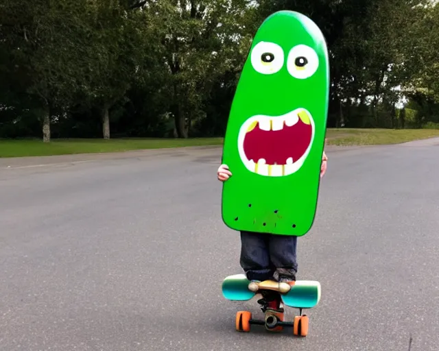 Image similar to pickle with a face riding a skateboard