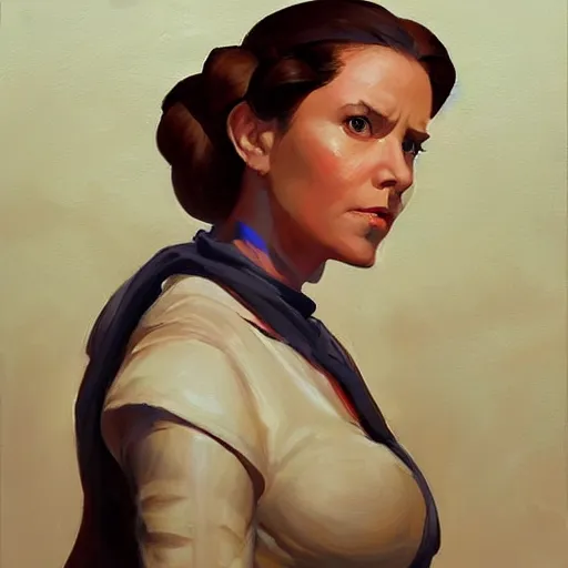 Image similar to greg manchess portrait painting of leia organa as overwatch character, medium shot, asymmetrical, profile picture, organic painting, sunny day, matte painting, bold shapes, hard edges, street art, trending on artstation, by huang guangjian and gil elvgren and sachin teng