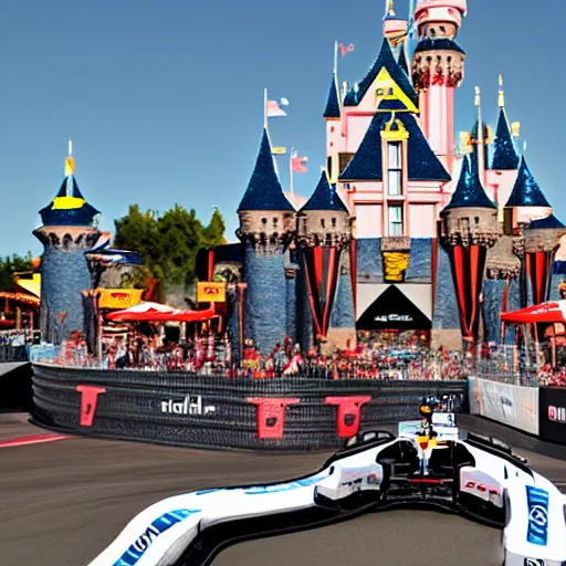 Prompt: formula 1 race in disneyland