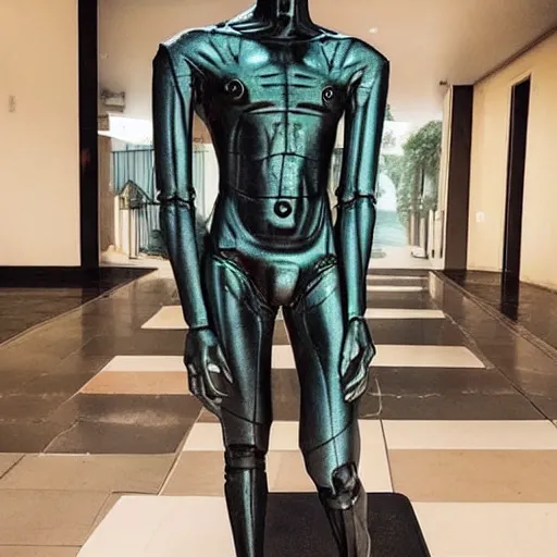 Image similar to “a realistic detailed photo of a guy who is an attractive humanoid who is half robot and half humanoid, who is a male android, twitch streamer Ninja Tyler Blevins, shiny skin, posing like a statue, blank stare, fountain outside house, display”