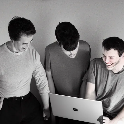 Prompt: several guys looking at a laptop screen laughing, colour photograph, studio light 35mm