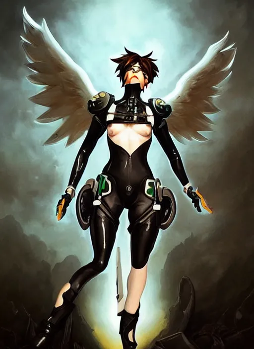 Image similar to full body artwork of tracer overwatch, wearing black latex outfit, in style of zdzisław beksinski, angel wings, dramatic painting, wearing detailed steel collar, black shiny armor, chains, black harness, detailed face and eyes,