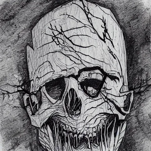 Image similar to a scary horror themed wooden shred drawn with charcoal and pen and ink, half-tone-line-stacking