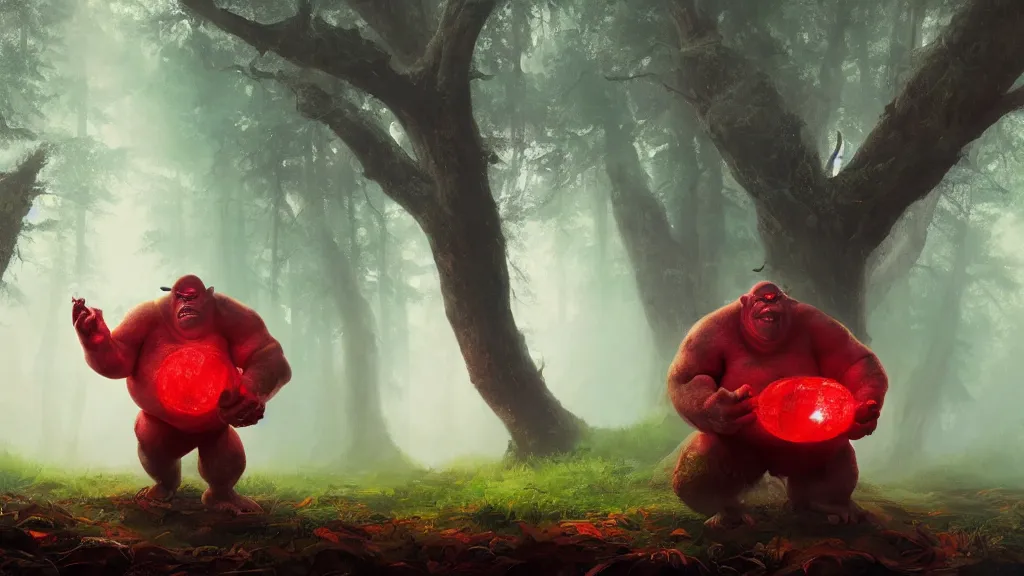 Prompt: An ogre holding a red glowing shield in a foggy Forrest, highly detailed oil painting, epic fantasy art, abstraction, masterpeice, 8k