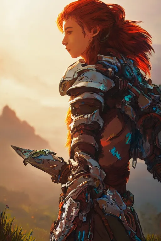 Image similar to combination suit armor aloy horizon forbidden west horizon zero dawn radiating a glowing aura global illumination ray tracing hdr fanart arstation by ian pesty and alena aenami artworks in 4 k tribal robot ninja mask helmet backpack