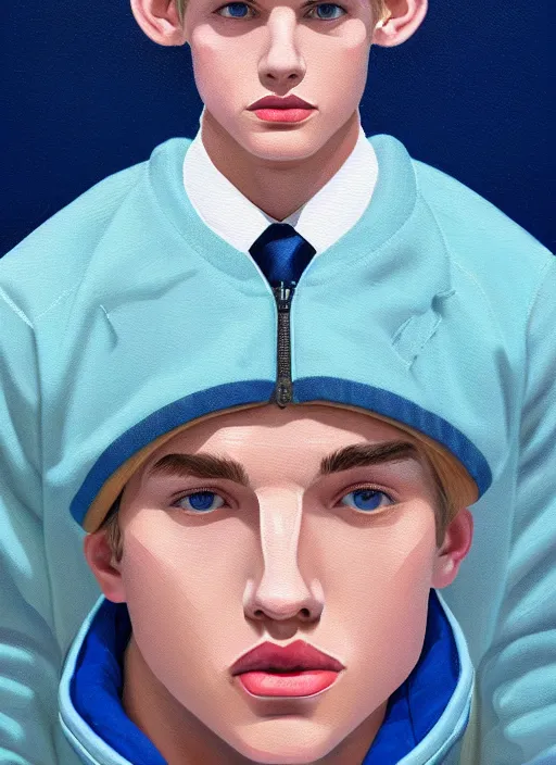 Image similar to portrait of a high school senior boy named moose mason, blonde short hair, jock, beefy, square jaw, square facial structure, 1 9 5 0 s, blue varsity jacket, intricate, elegant, glowing lights, highly detailed, digital painting, artstation, concept art, smooth, sharp focus, illustration, art by wlop, mars ravelo and greg rutkowski