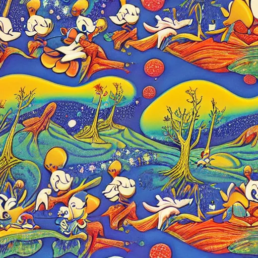 Prompt: psychedelic trippy couch pine forest with woodland critters planets milky way sofa cartoon by carl barks