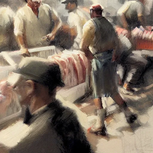 Prompt: low angle of the butcher's, closeup of a butcher working, artwork by craig mullins