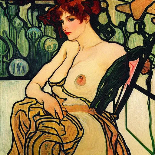 Prompt: painting of d. va at the cucumber soup party, elegant, clear, art by alphonse mucha, vincent van gogh, egon schiele,