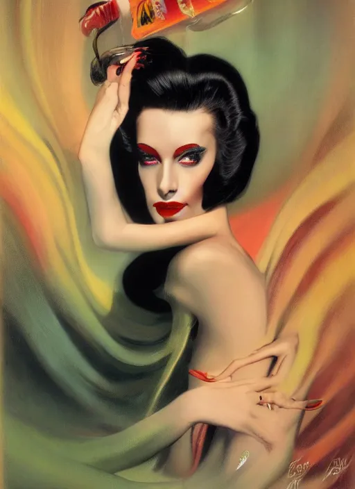 Image similar to an 8 0 s portrait of a woman with dark eye - shadow and red lips with dark slicked back hair dreaming acid - fueled hallucinations by serge lutens, rolf armstrong, delphin enjolras, peter elson