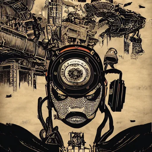 Image similar to Illustrated by Shepard Fairey and H.R. Geiger | Steampunk Mad Max with VR helmet, surrounded by cables