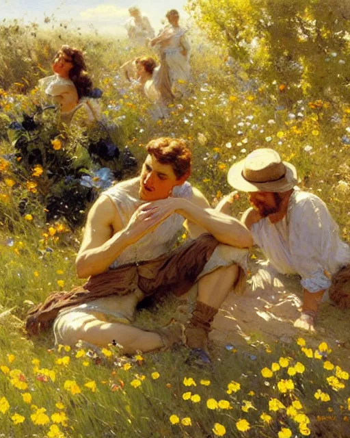 Image similar to handsome men reminisce about the end of spring in a field of bright flowers, cool colors, hard angles, painting by gaston bussiere, craig mullins, j. c. leyendecker