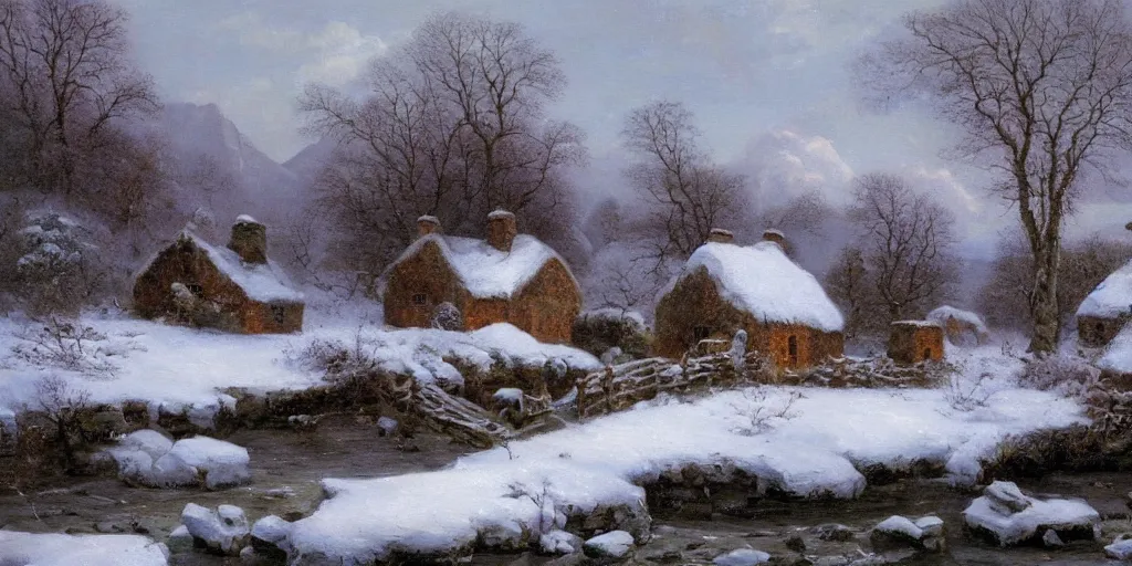 Prompt: a beautiful landscape painting of a cottage by a river in a valley, winter heavy snow fall, by john glover, oil on canvas, highly detailed, hd, 4 k