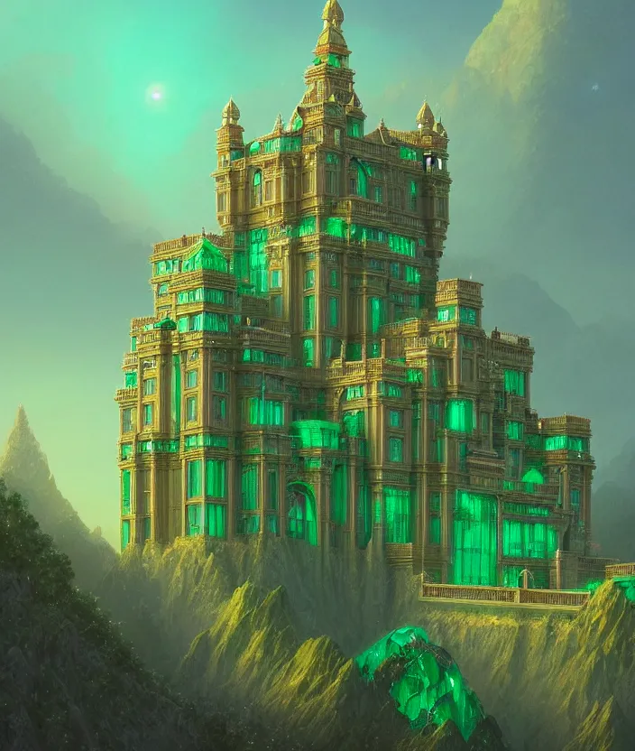 Image similar to a detailed digital painting of a palace made of gleaming emeralds, by moebius and tyler edlin and lee madgwick, trending on artstation, digital art, 4 k resolution, detailed, beautiful render, octane render, high quality, sharp focus, hq artwork, coherent, insane detail, concept art