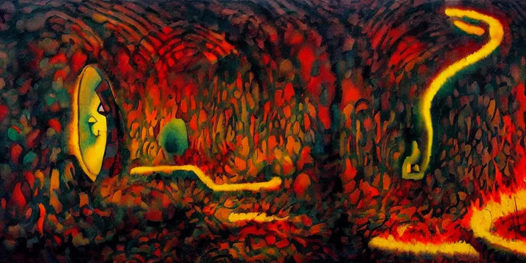 Image similar to trapped on a hedonic treadmill, dark uncanny surreal painting by ronny khalil, and kandinsky, dramatic lighting from fire glow, mouth of hell, ixions wheel