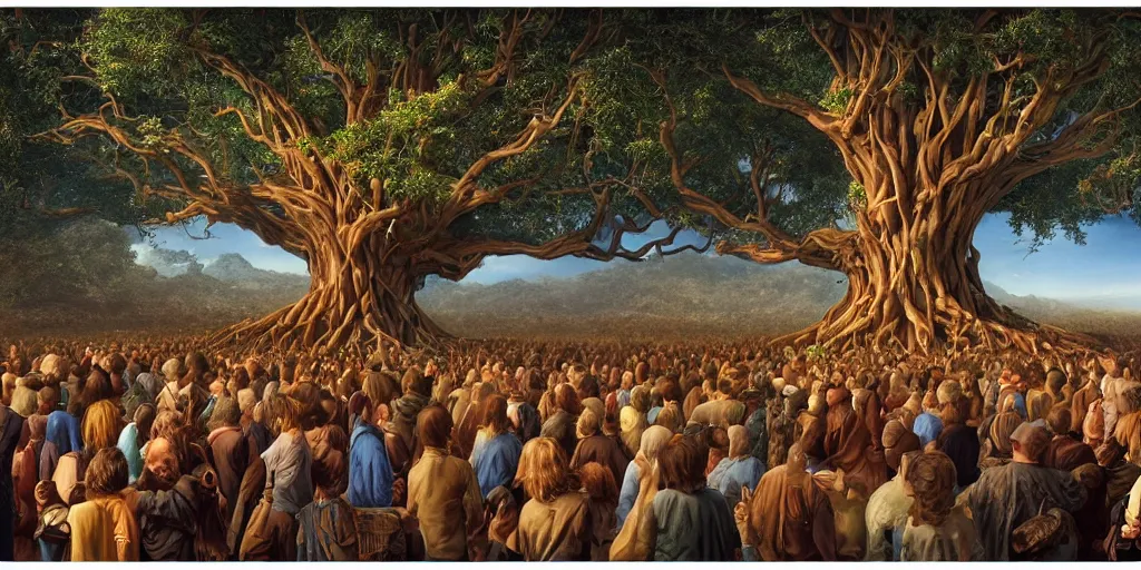 Image similar to crowd mourning for the death of the tree of life Michael Whelan by Jeff Easley photorealistic by Edmonia Lewis, cinematic, coherent, realistic faces, clear, detailed, intricate, dramatic lighting, establishing shot, 8k resolution