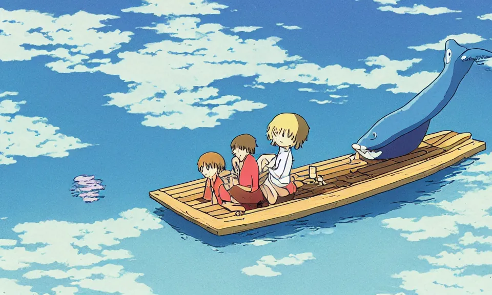 Prompt: A happy blue whale on a raft, ghibli, anime